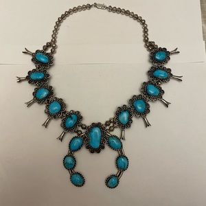 Vintage Sterling Silver Native American Turquoise Squash Blossom Necklace